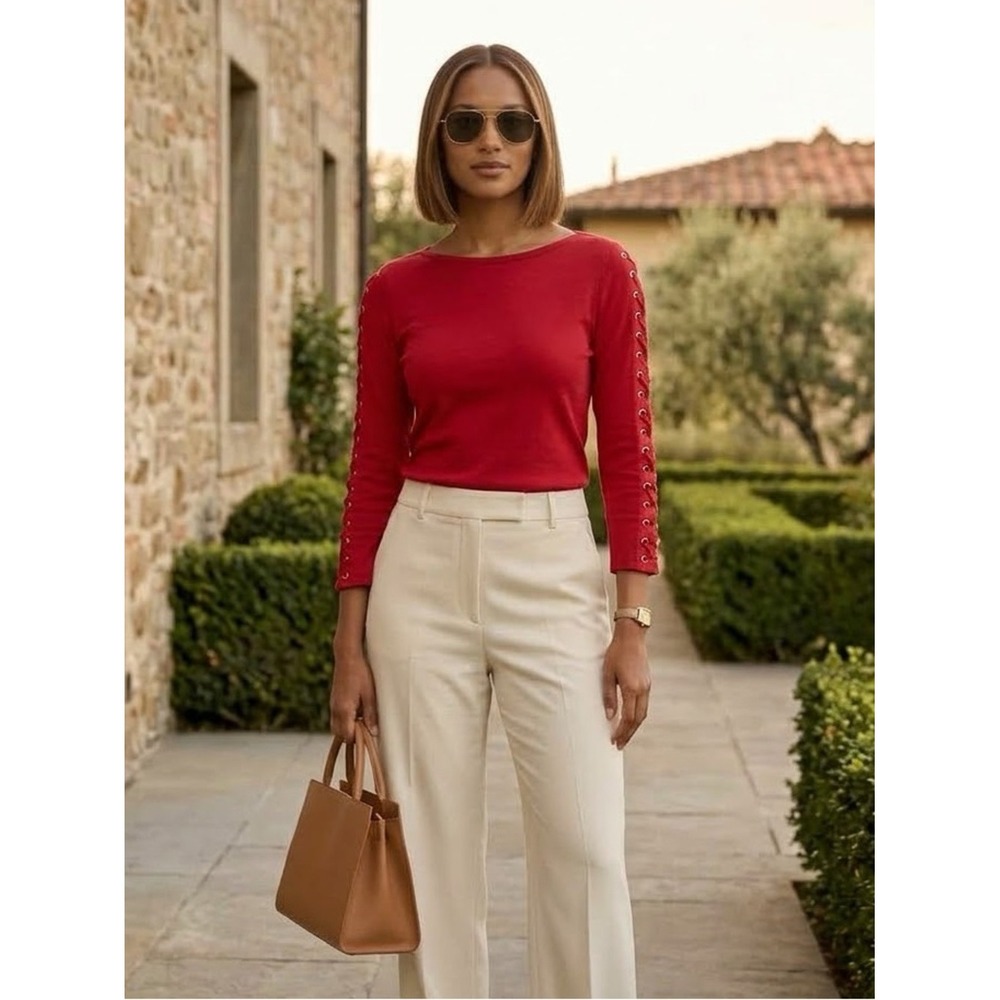 Lauren Ralph Lauren Red Grommet Lace Up Sleeve Top L Preppy Tailored Elevated